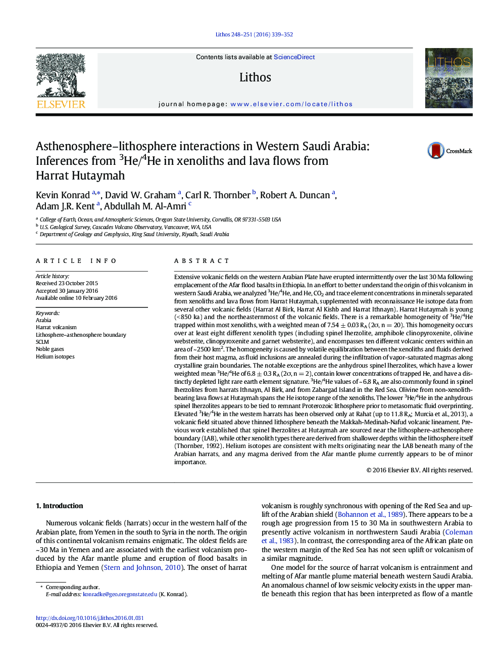 Asthenosphere-lithosphere interactions in Western Saudi Arabia: Inferences from 3He/4He in xenoliths and lava flows from Harrat Hutaymah