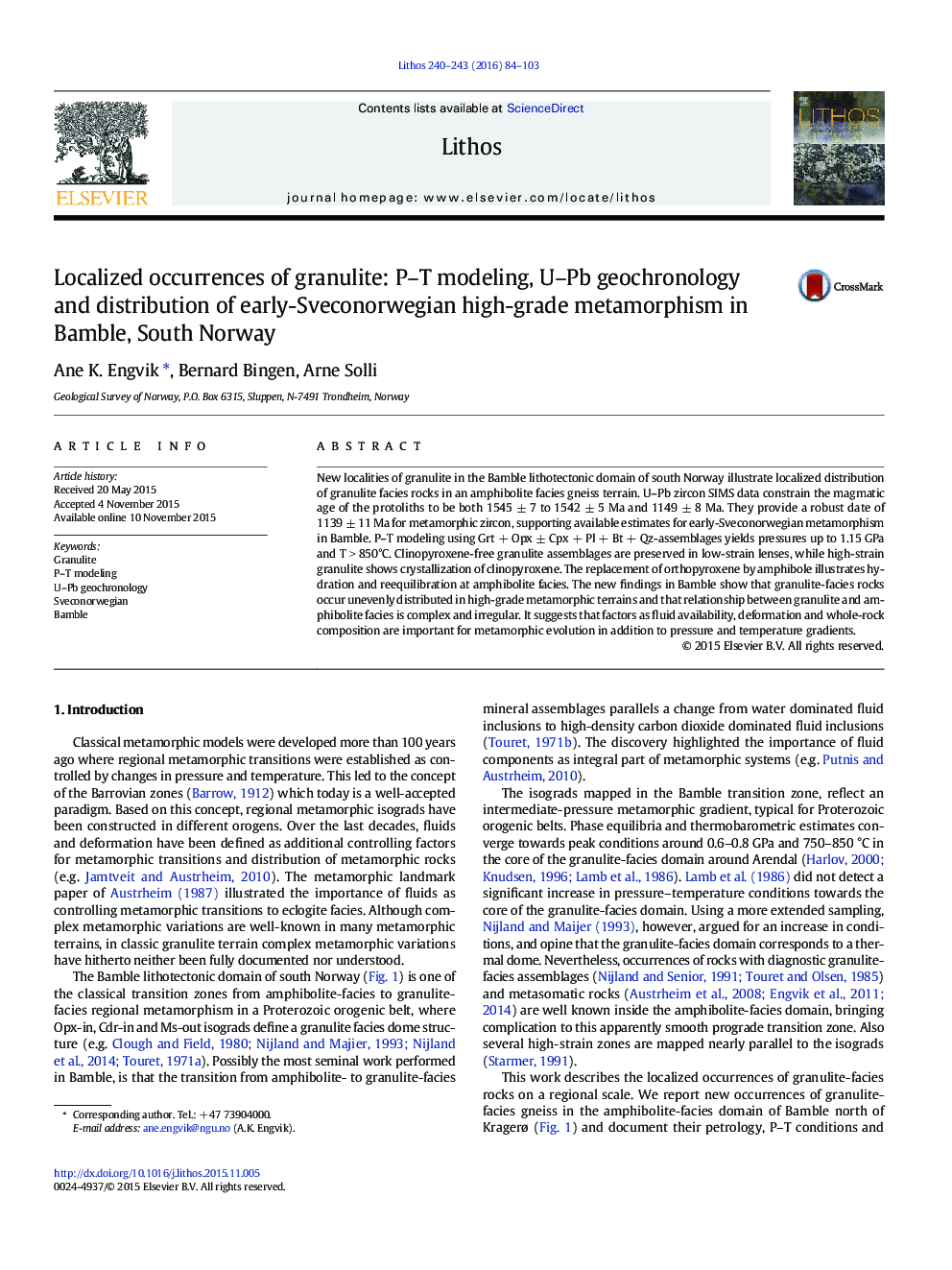 Localized occurrences of granulite: P-T modeling, U-Pb geochronology and distribution of early-Sveconorwegian high-grade metamorphism in Bamble, South Norway