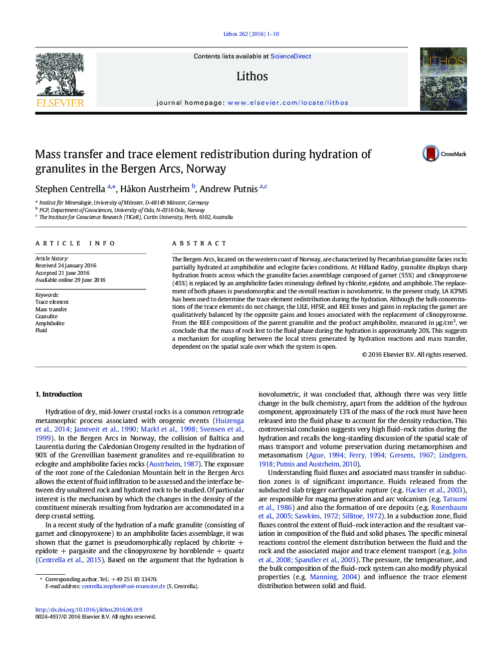 عکس صفحه اول مقاله: Mass transfer and trace element redistribution during hydration of granulites in the Bergen Arcs, Norway Mass transfer and trace element redistribution during hydration of granulites in the Bergen Arcs, Norway