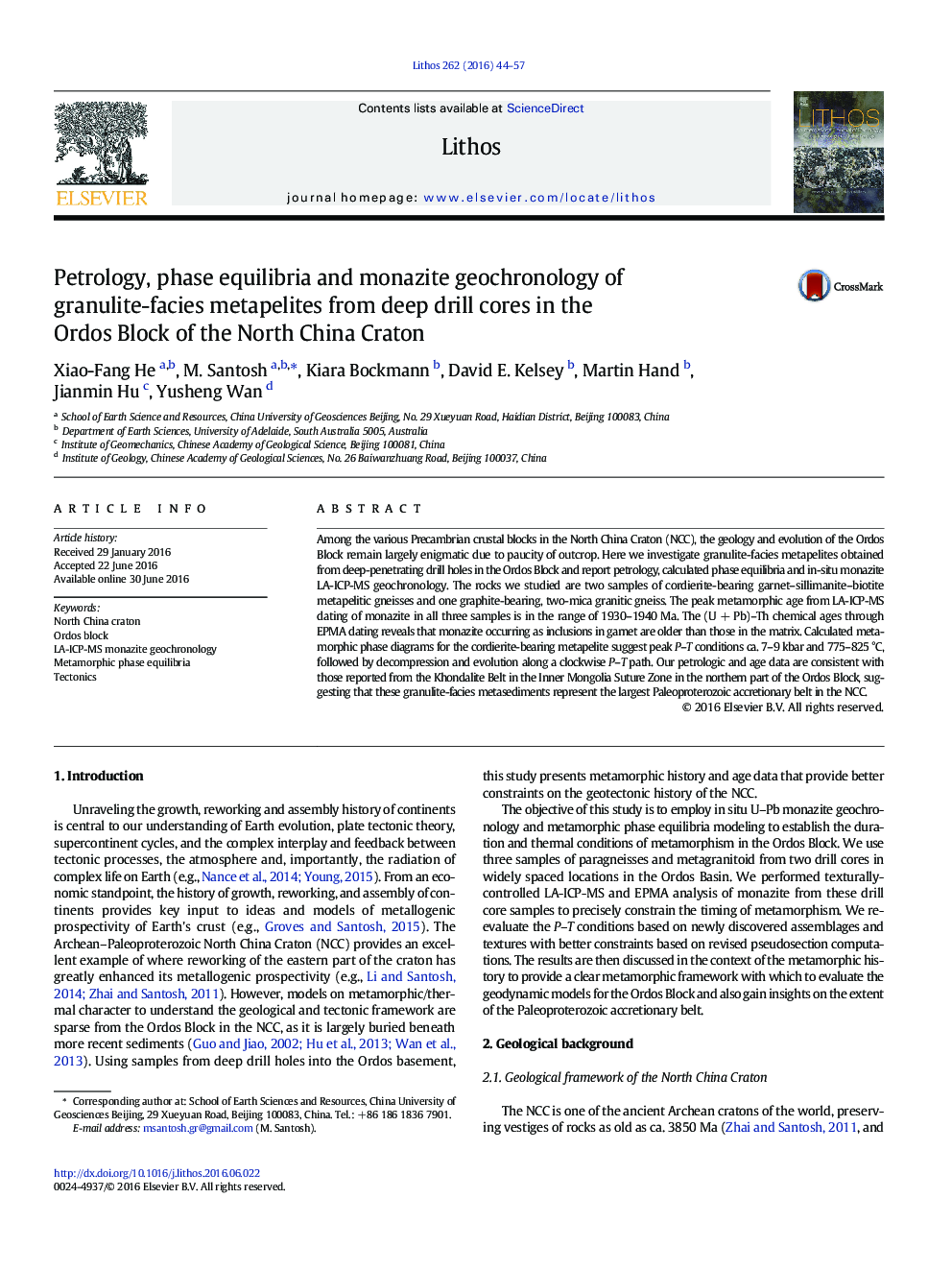 Petrology, phase equilibria and monazite geochronology of granulite-facies metapelites from deep drill cores in the Ordos Block of the North China Craton