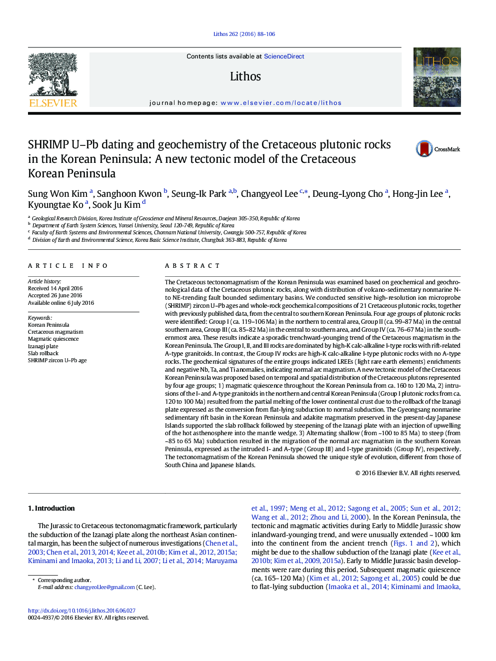 SHRIMP U-Pb dating and geochemistry of the Cretaceous plutonic rocks in the Korean Peninsula: A new tectonic model of the Cretaceous Korean Peninsula