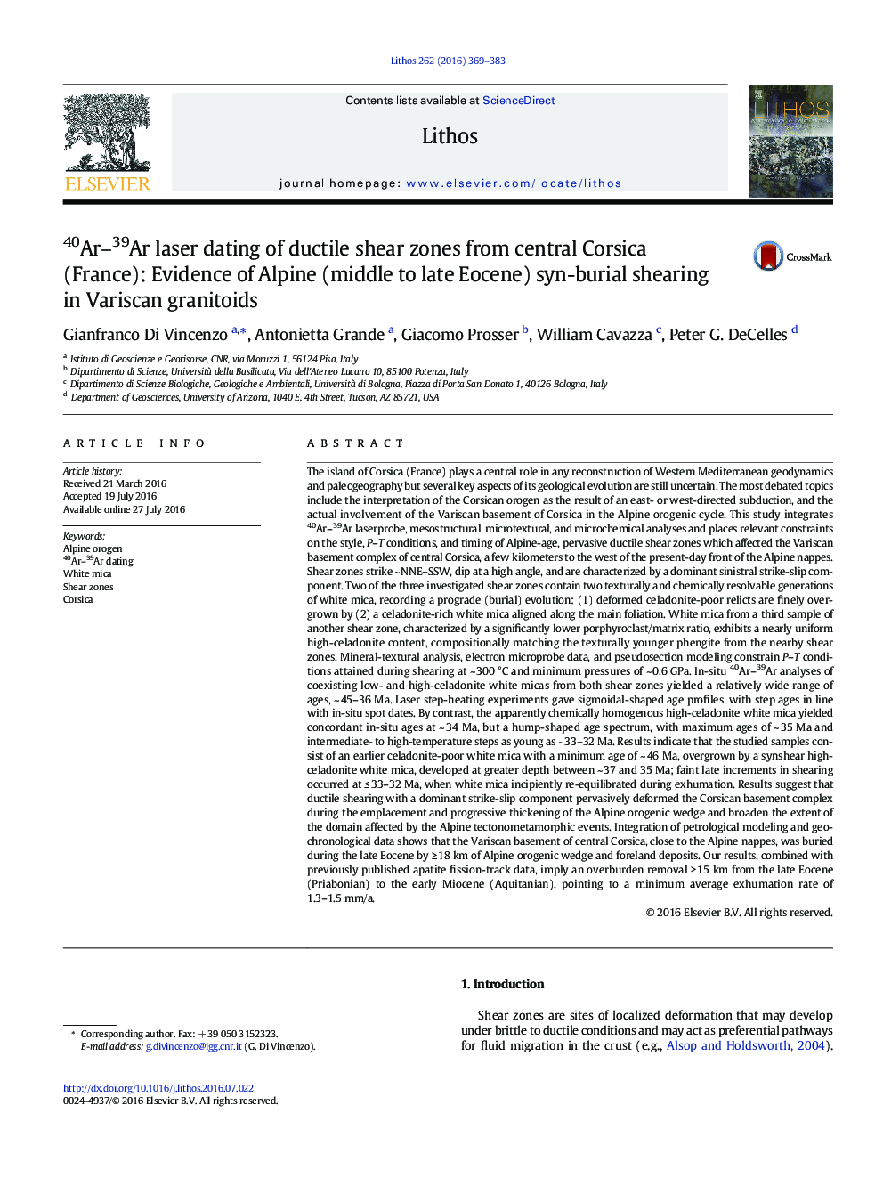 40Ar-39Ar laser dating of ductile shear zones from central Corsica (France): Evidence of Alpine (middle to late Eocene) syn-burial shearing in Variscan granitoids