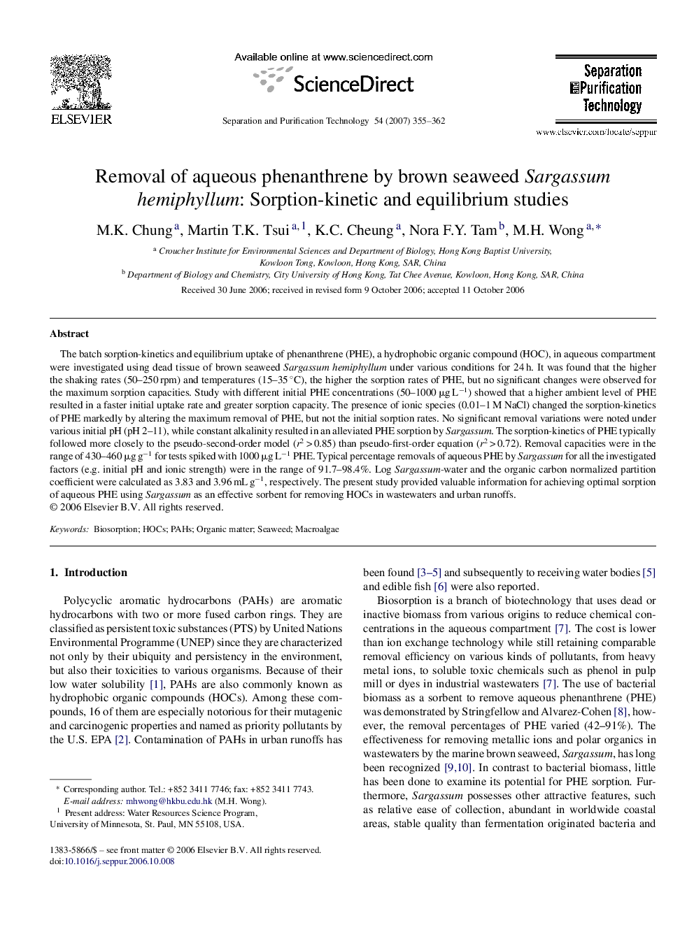 Removal of aqueous phenanthrene by brown seaweed Sargassum hemiphyllum: Sorption-kinetic and equilibrium studies