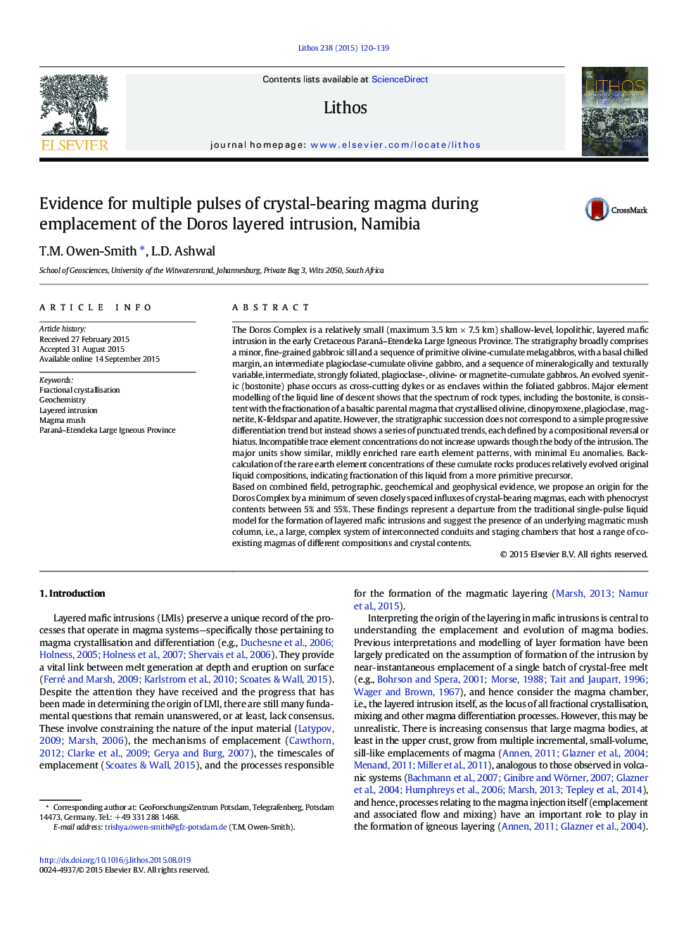 Evidence for multiple pulses of crystal-bearing magma during emplacement of the Doros layered intrusion, Namibia