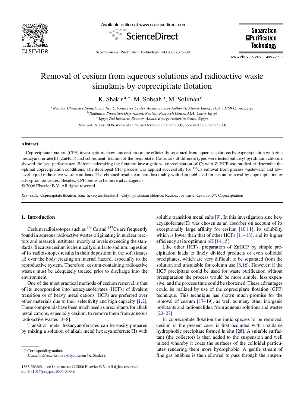 Removal of cesium from aqueous solutions and radioactive waste simulants by coprecipitate flotation