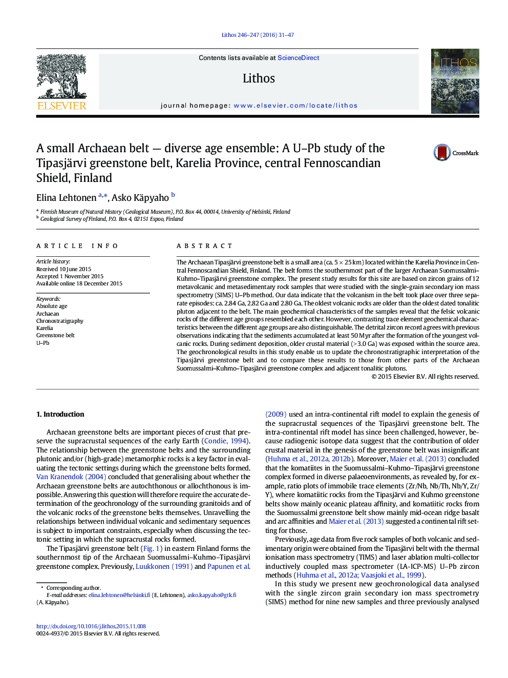 A small Archaean belt - diverse age ensemble: A U-Pb study of the Tipasjärvi greenstone belt, Karelia Province, central Fennoscandian Shield, Finland