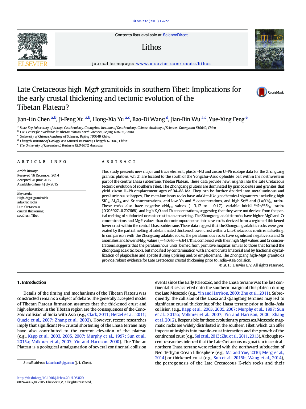 Late Cretaceous high-Mg# granitoids in southern Tibet: Implications for the early crustal thickening and tectonic evolution of the Tibetan Plateau?