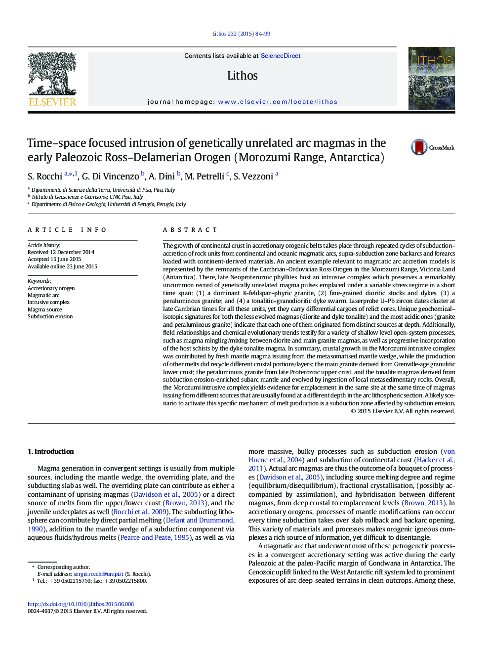 Time-space focused intrusion of genetically unrelated arc magmas in the early Paleozoic Ross-Delamerian Orogen (Morozumi Range, Antarctica)