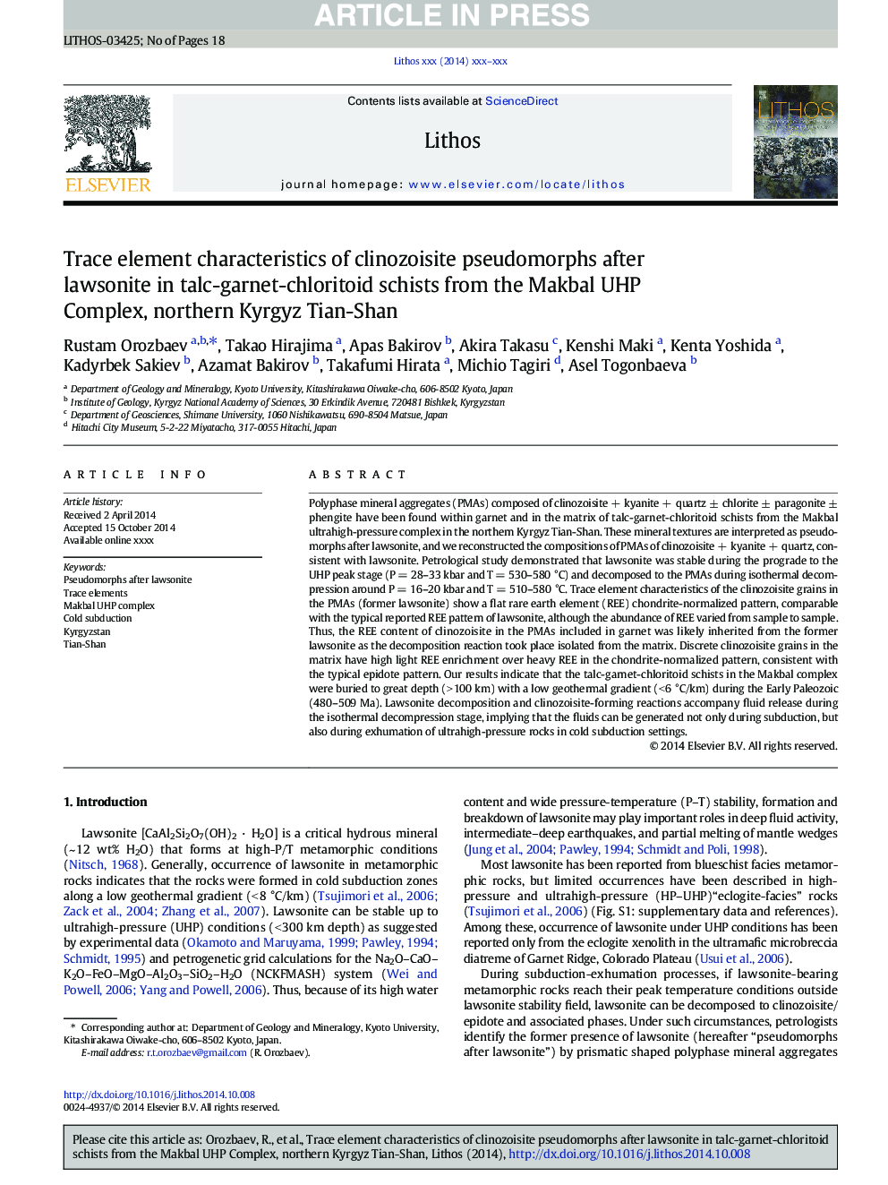 Trace element characteristics of clinozoisite pseudomorphs after lawsonite in talc-garnet-chloritoid schists from the Makbal UHP Complex, northern Kyrgyz Tian-Shan