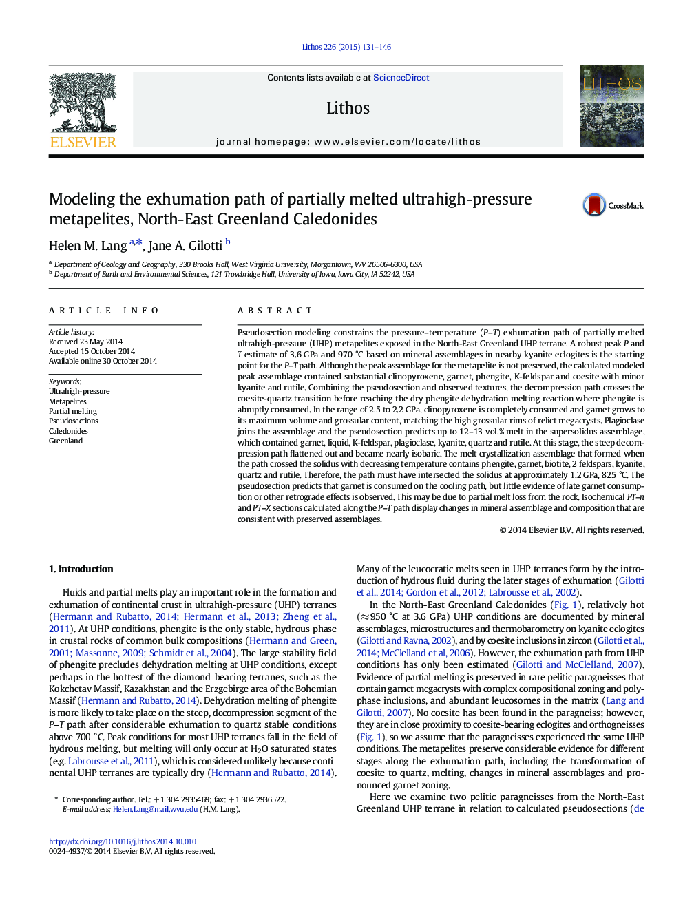 Modeling the exhumation path of partially melted ultrahigh-pressure metapelites, North-East Greenland Caledonides