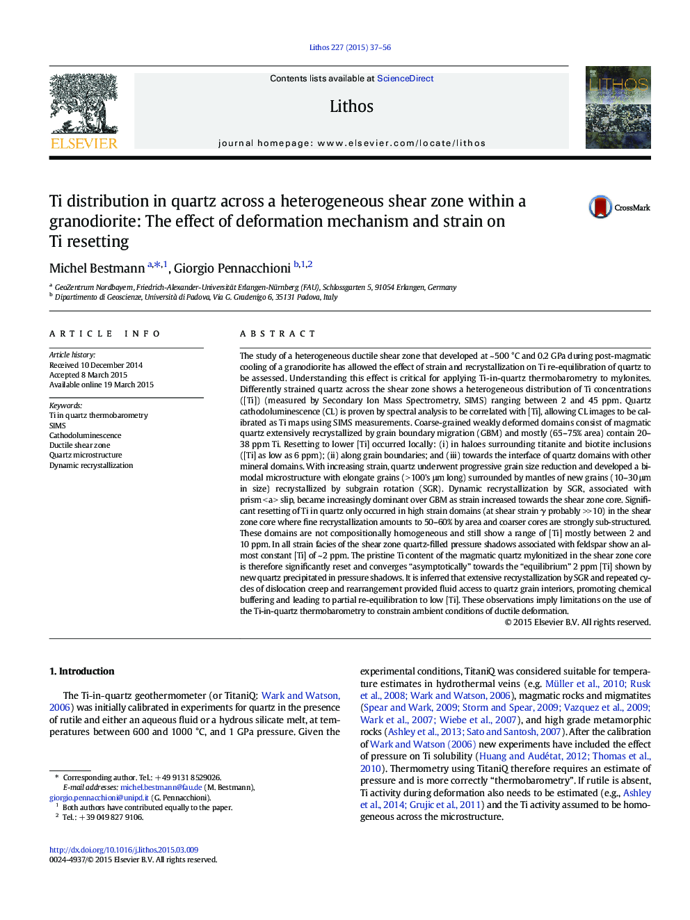 Ti distribution in quartz across a heterogeneous shear zone within a granodiorite: The effect of deformation mechanism and strain on Ti resetting