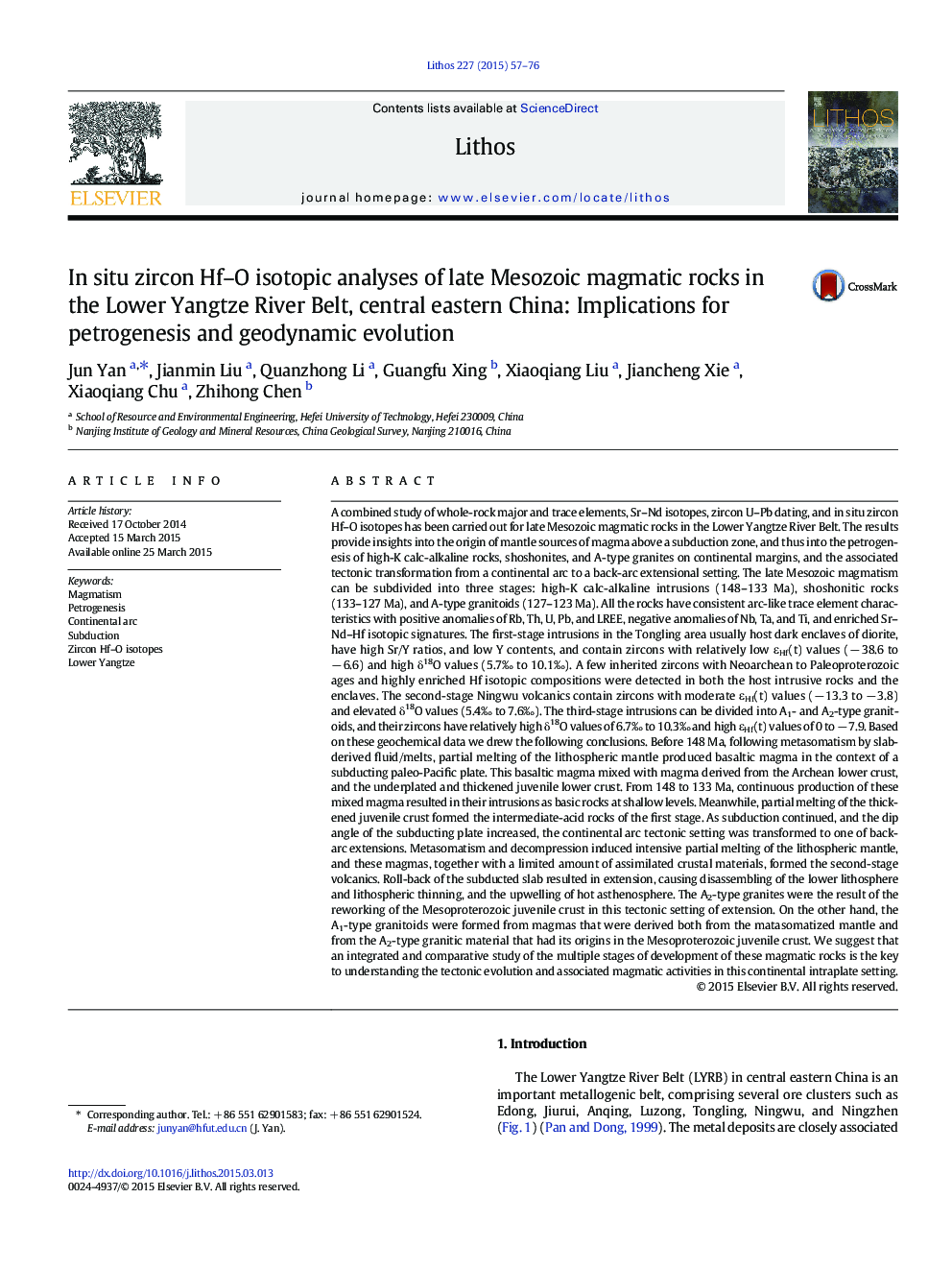 In situ zircon Hf-O isotopic analyses of late Mesozoic magmatic rocks in the Lower Yangtze River Belt, central eastern China: Implications for petrogenesis and geodynamic evolution