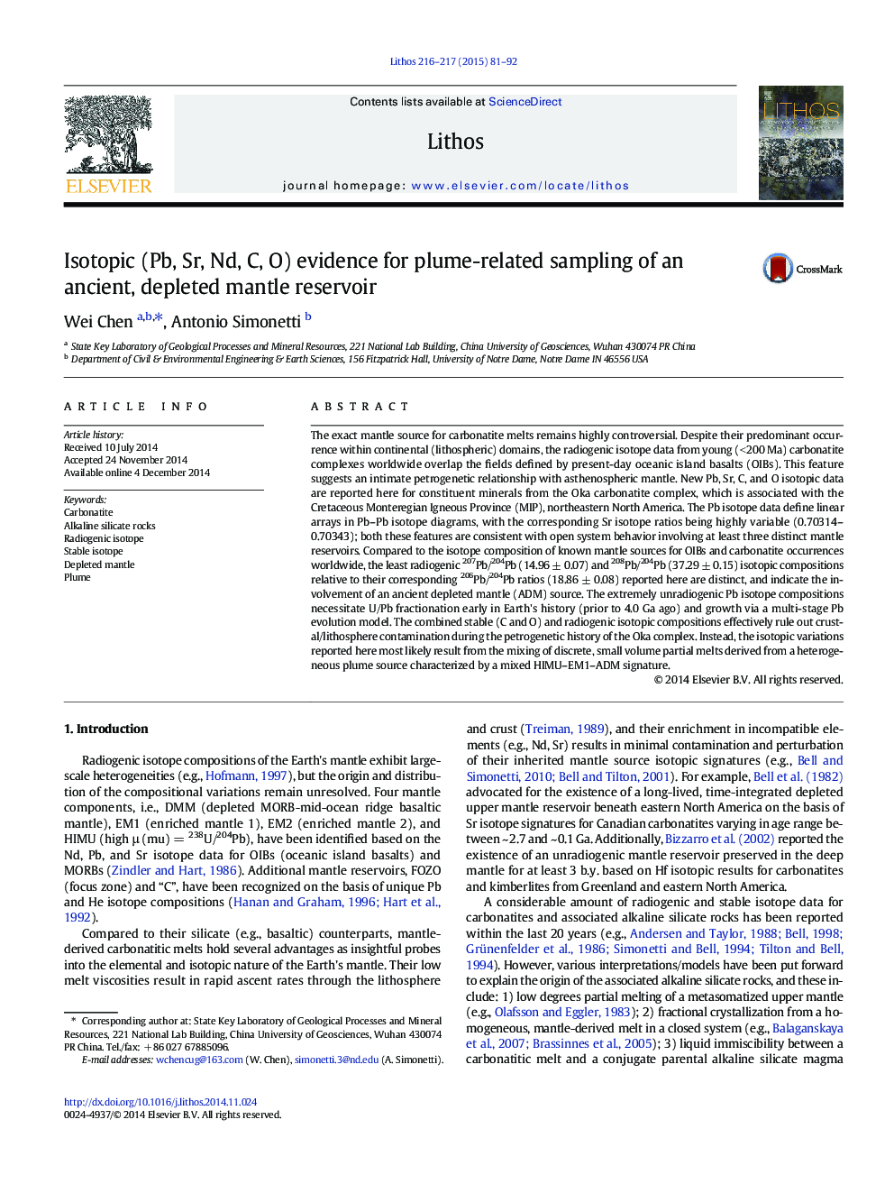 Isotopic (Pb, Sr, Nd, C, O) evidence for plume-related sampling of an ancient, depleted mantle reservoir