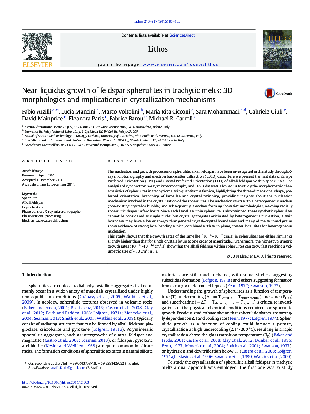 Near-liquidus growth of feldspar spherulites in trachytic melts: 3D morphologies and implications in crystallization mechanisms