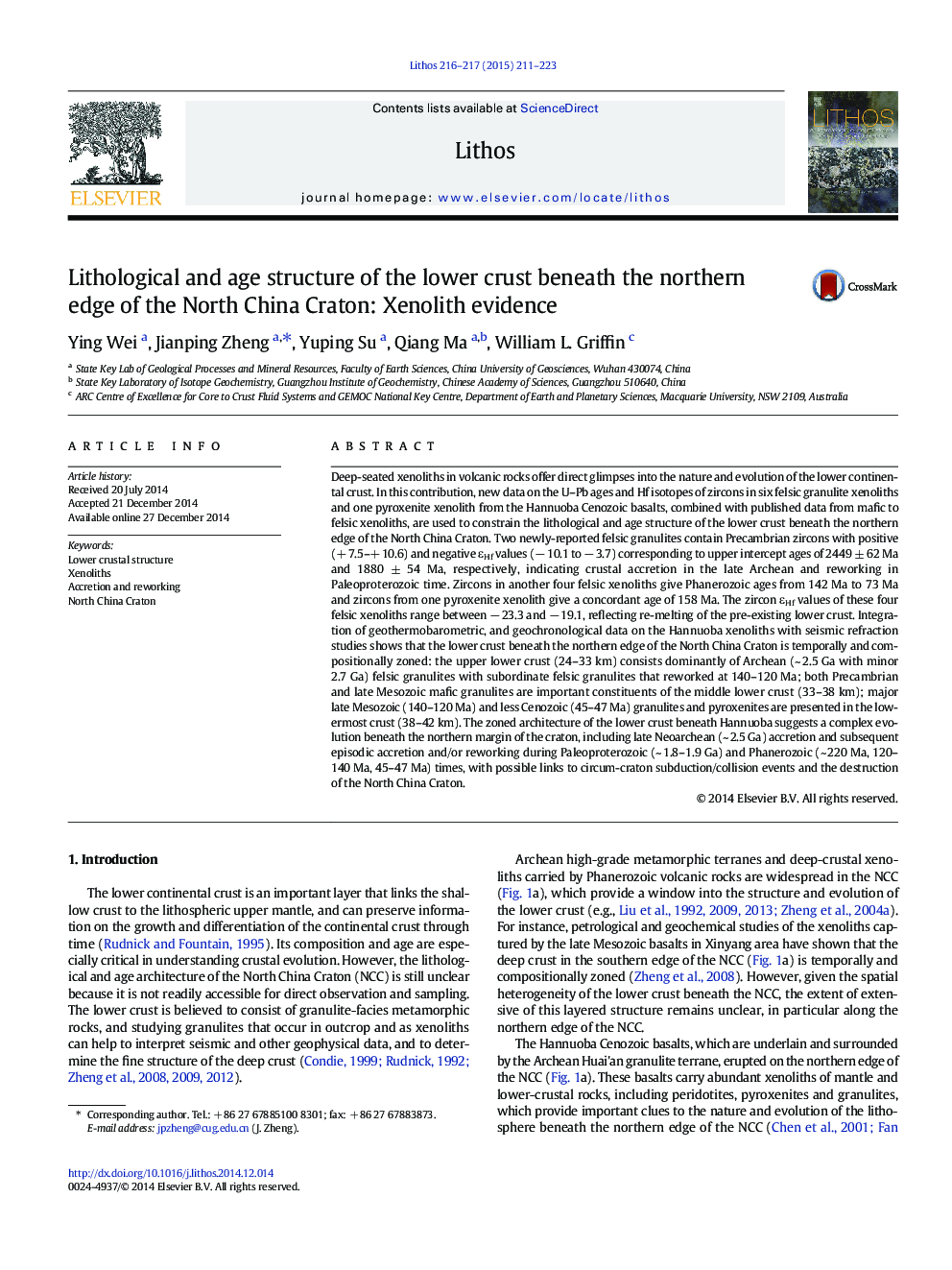 Lithological and age structure of the lower crust beneath the northern edge of the North China Craton: Xenolith evidence