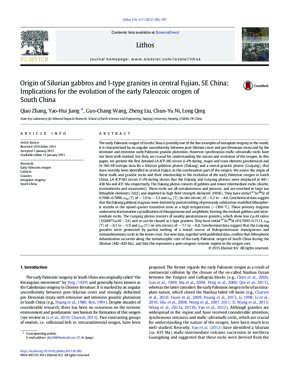 Origin of Silurian gabbros and I-type granites in central Fujian, SE China: Implications for the evolution of the early Paleozoic orogen of South China