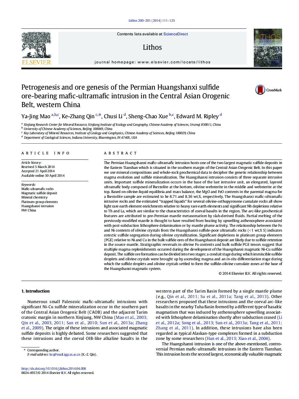 Petrogenesis and ore genesis of the Permian Huangshanxi sulfide ore-bearing mafic-ultramafic intrusion in the Central Asian Orogenic Belt, western China