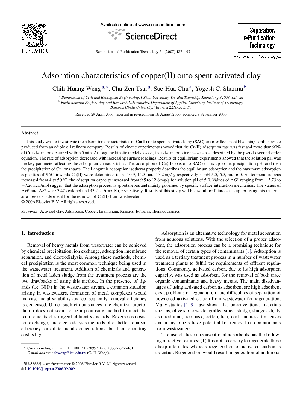 Adsorption characteristics of copper(II) onto spent activated clay