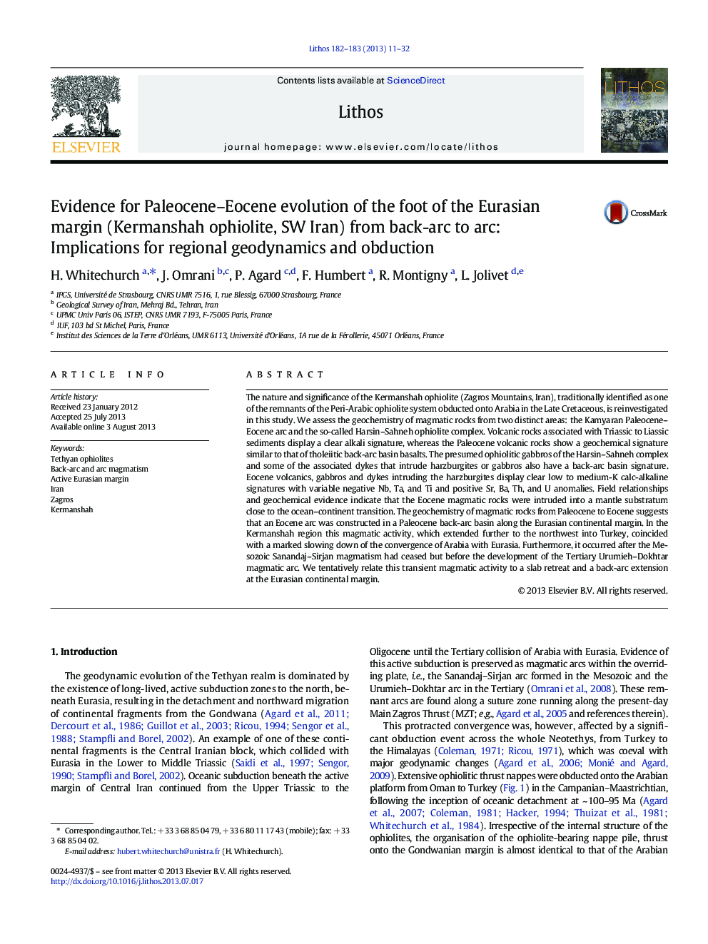 Evidence for Paleocene-Eocene evolution of the foot of the Eurasian margin (Kermanshah ophiolite, SW Iran) from back-arc to arc: Implications for regional geodynamics and obduction