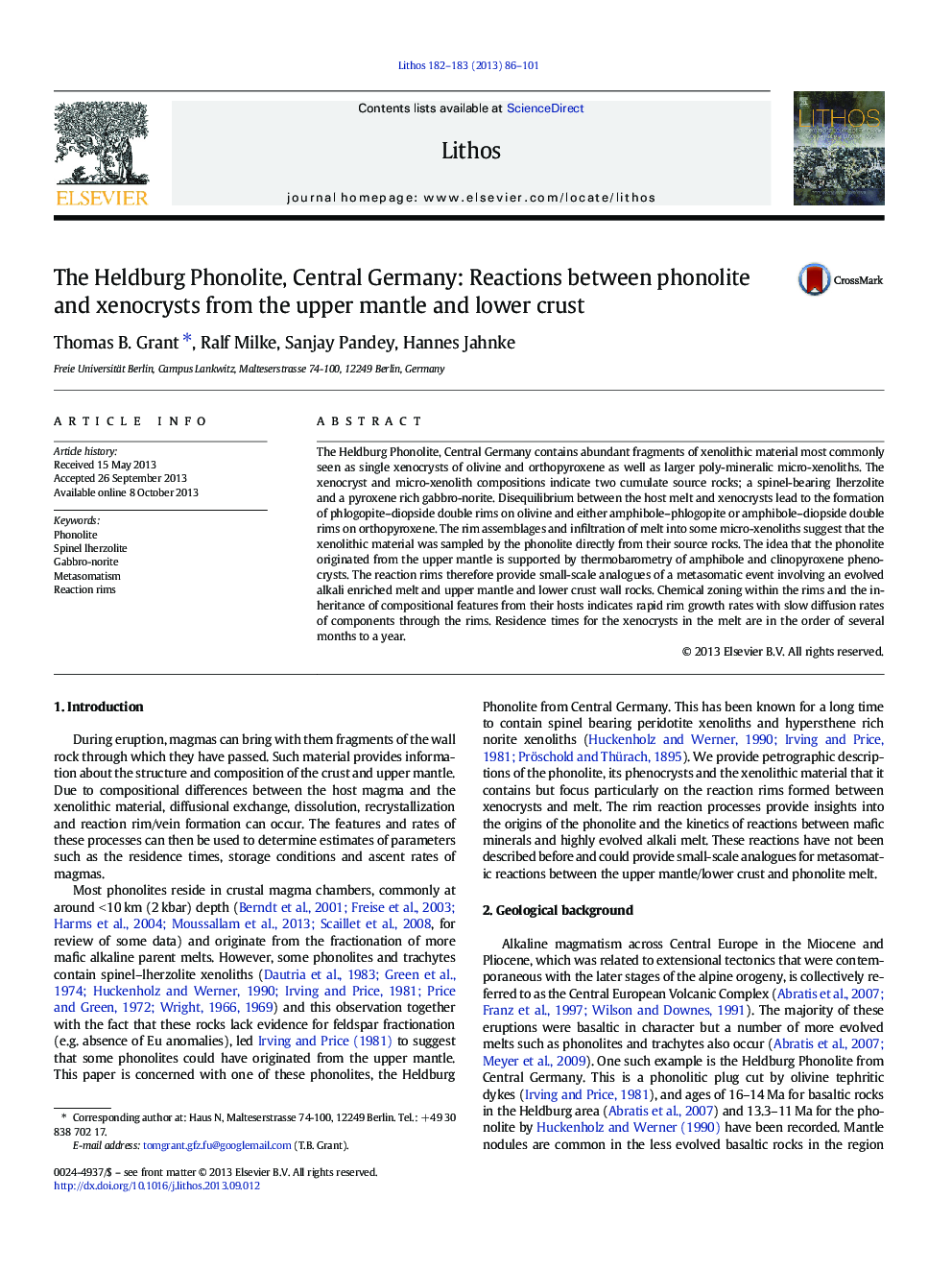 The Heldburg Phonolite, Central Germany: Reactions between phonolite and xenocrysts from the upper mantle and lower crust