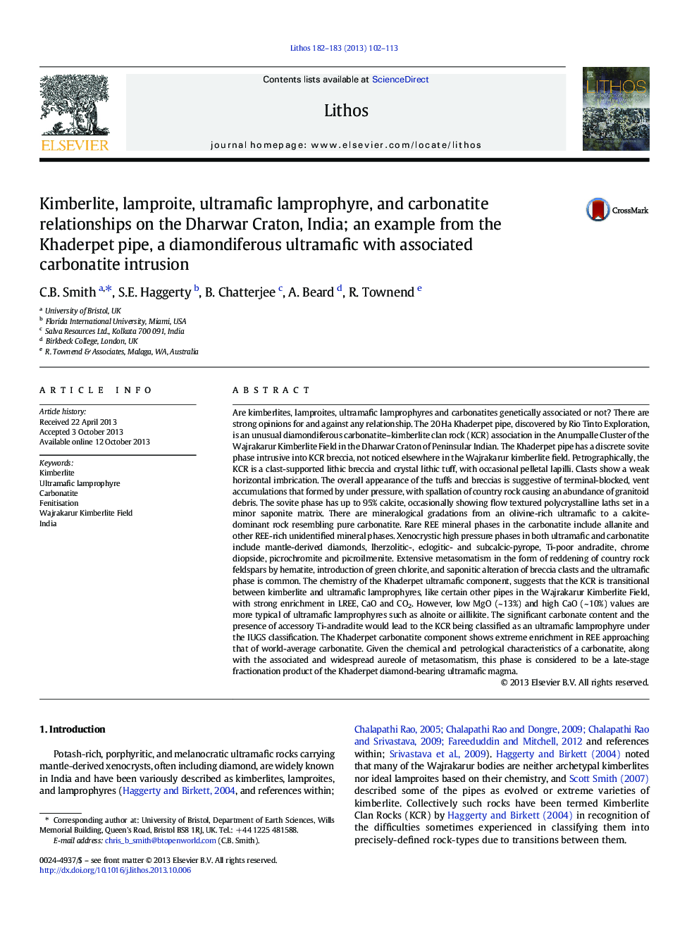 Kimberlite, lamproite, ultramafic lamprophyre, and carbonatite relationships on the Dharwar Craton, India; an example from the Khaderpet pipe, a diamondiferous ultramafic with associated carbonatite intrusion