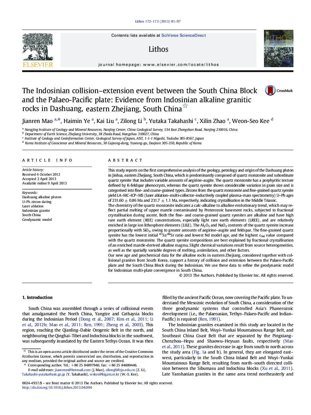 The Indosinian collision-extension event between the South China Block and the Palaeo-Pacific plate: Evidence from Indosinian alkaline granitic rocks in Dashuang, eastern Zhejiang, South China