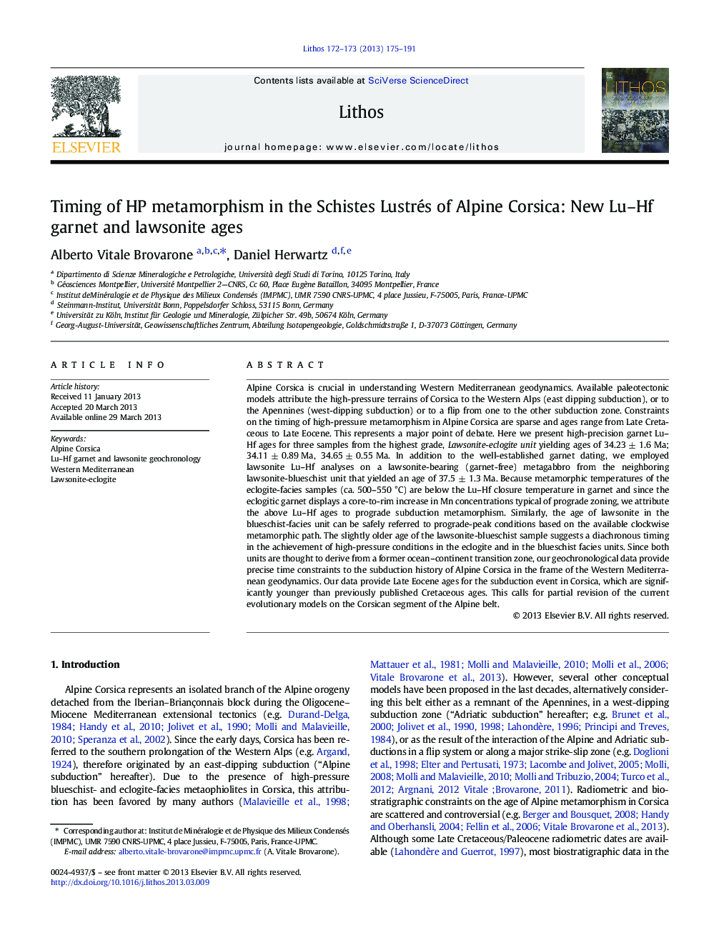 Timing of HP metamorphism in the Schistes Lustrés of Alpine Corsica: New Lu-Hf garnet and lawsonite ages