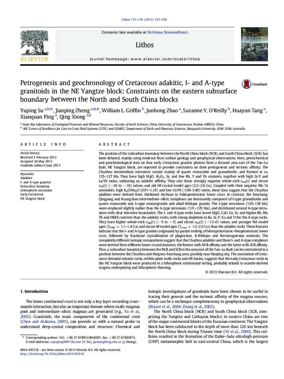 Petrogenesis and geochronology of Cretaceous adakitic, I- and A-type granitoids in the NE Yangtze block: Constraints on the eastern subsurface boundary between the North and South China blocks