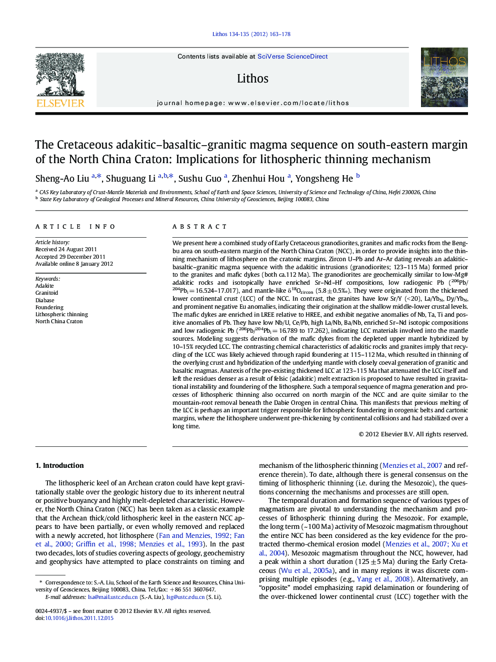 The Cretaceous adakitic-basaltic-granitic magma sequence on south-eastern margin of the North China Craton: Implications for lithospheric thinning mechanism