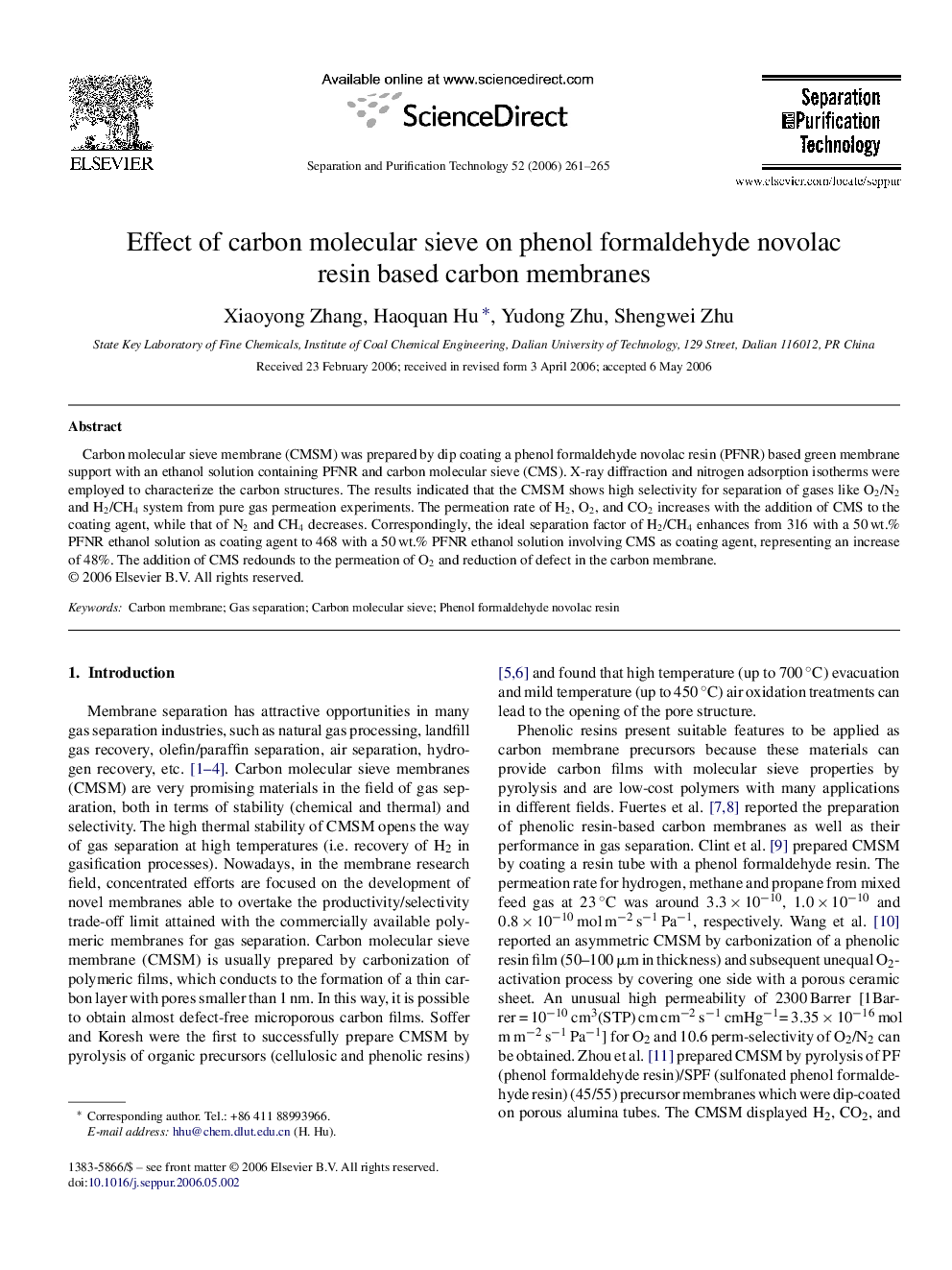 Effect of carbon molecular sieve on phenol formaldehyde novolac resin based carbon membranes