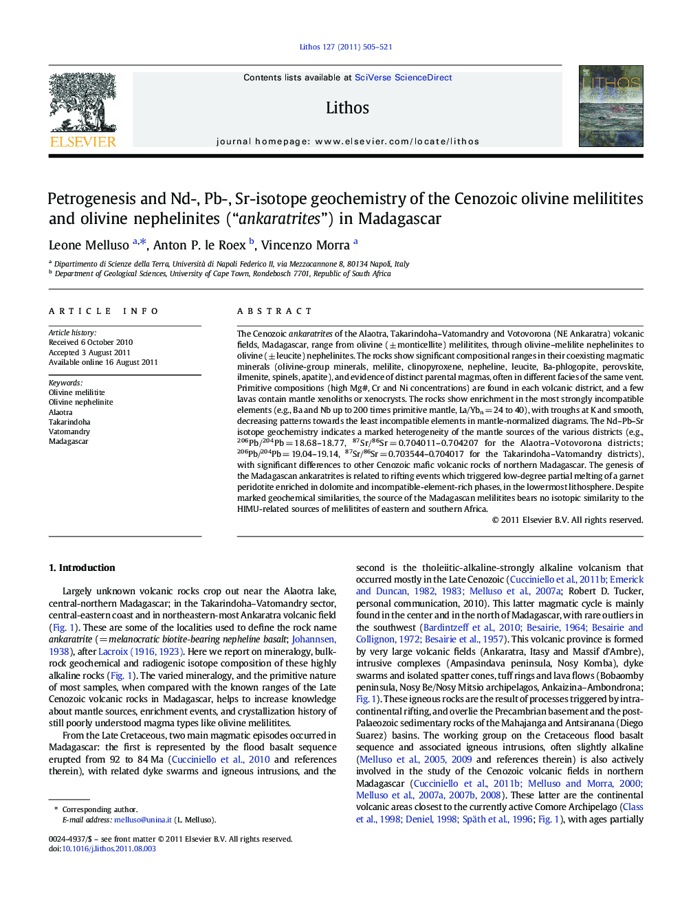 Petrogenesis and Nd-, Pb-, Sr-isotope geochemistry of the Cenozoic olivine melilitites and olivine nephelinites (“ankaratrites”) in Madagascar