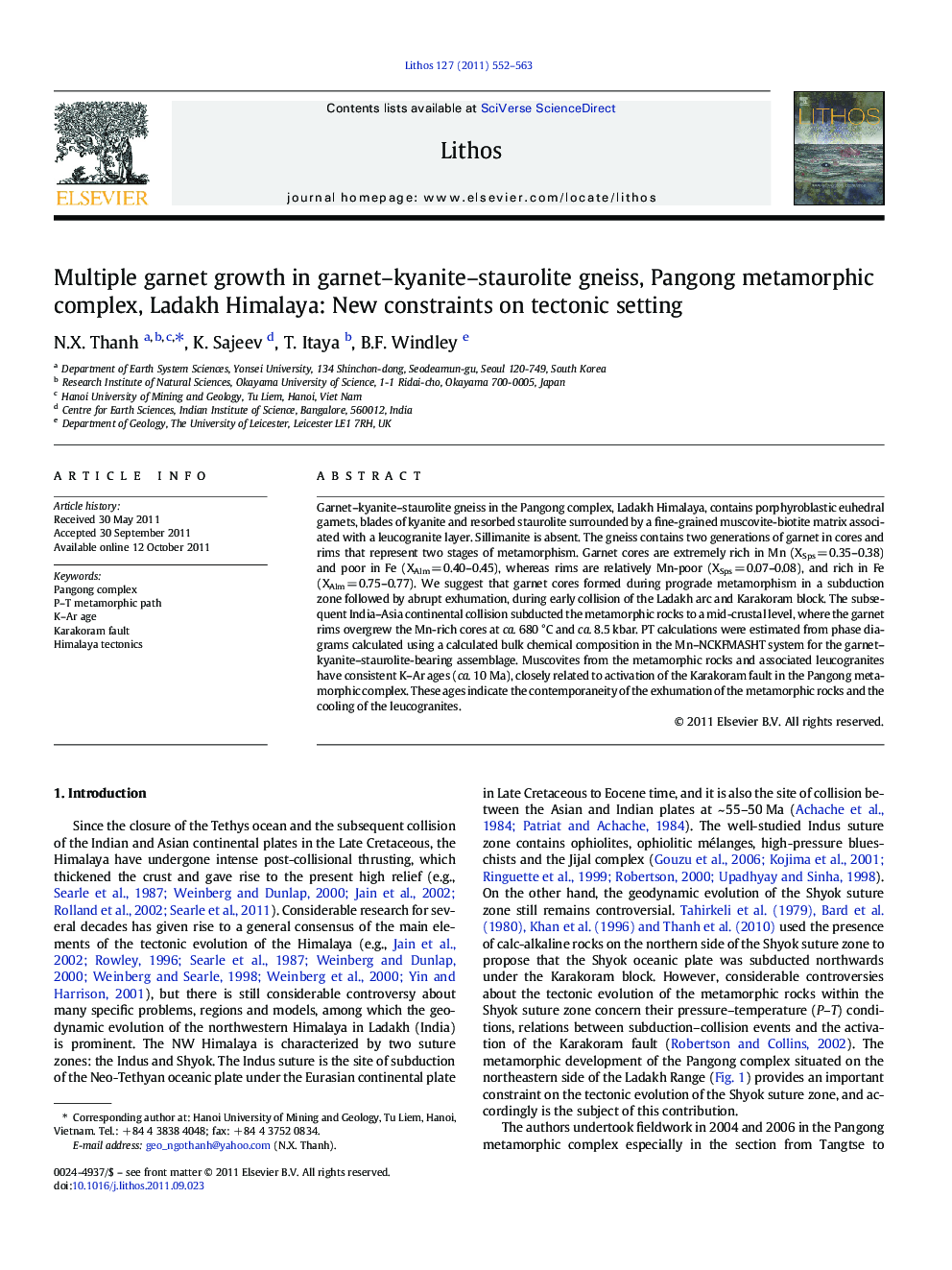 Multiple garnet growth in garnet-kyanite-staurolite gneiss, Pangong metamorphic complex, Ladakh Himalaya: New constraints on tectonic setting