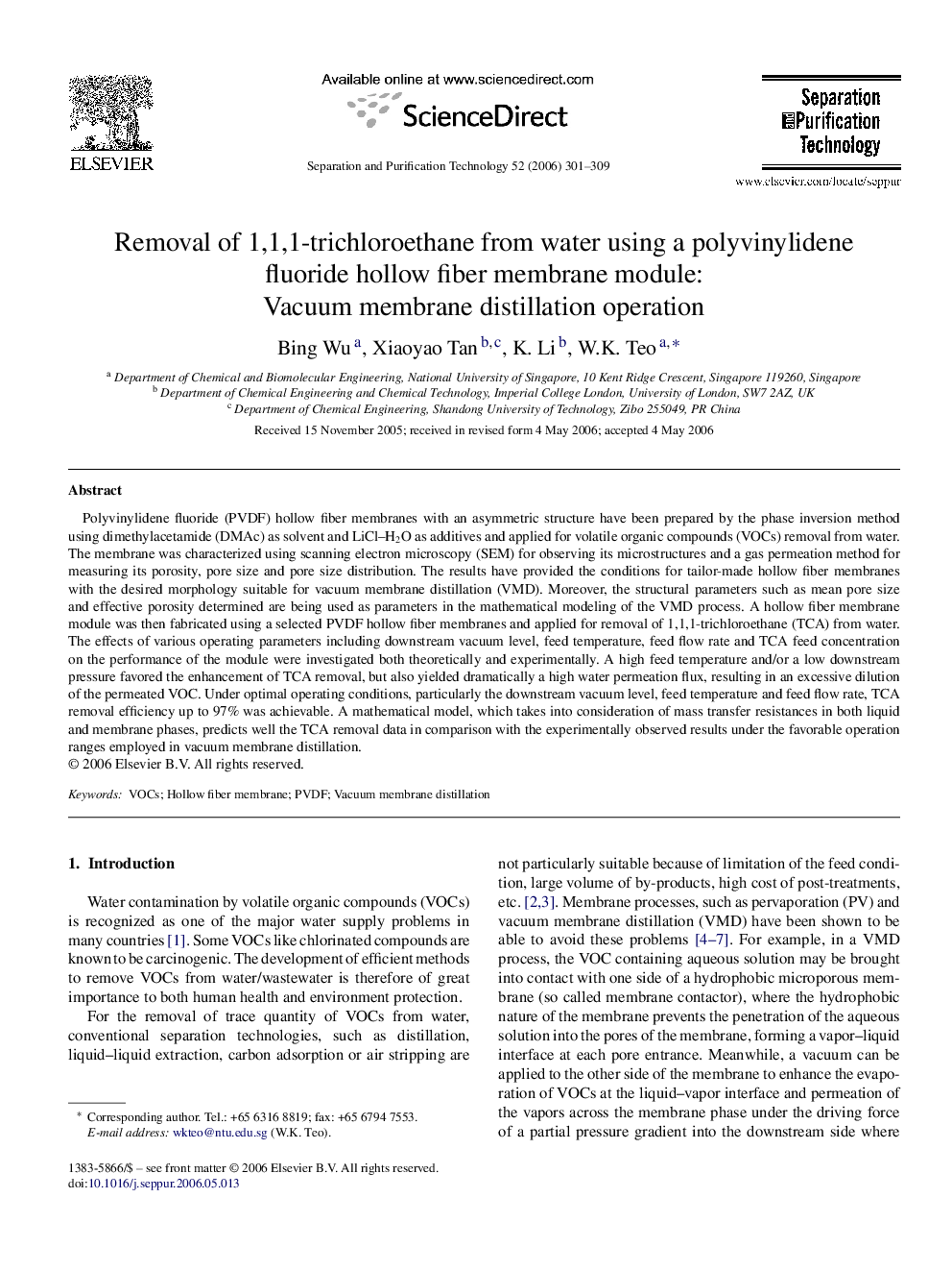 Removal of 1,1,1-trichloroethane from water using a polyvinylidene fluoride hollow fiber membrane module: Vacuum membrane distillation operation