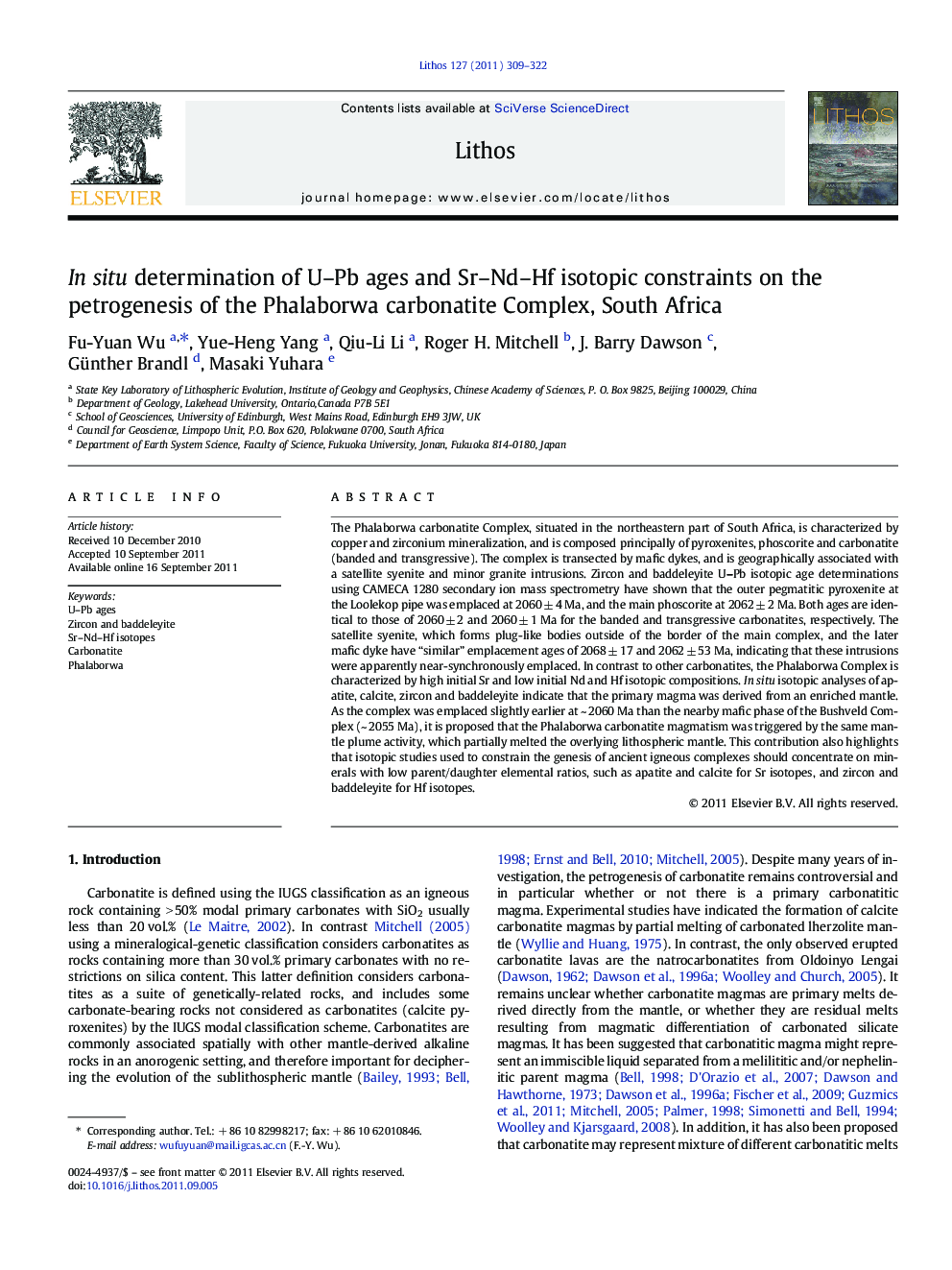 In situ determination of U-Pb ages and Sr-Nd-Hf isotopic constraints on the petrogenesis of the Phalaborwa carbonatite Complex, South Africa