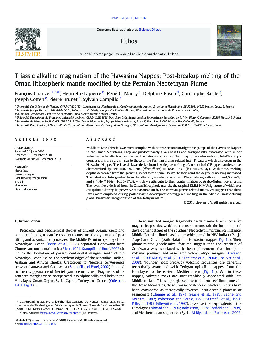 Triassic alkaline magmatism of the Hawasina Nappes: Post-breakup melting of the Oman lithospheric mantle modified by the Permian Neotethyan Plume