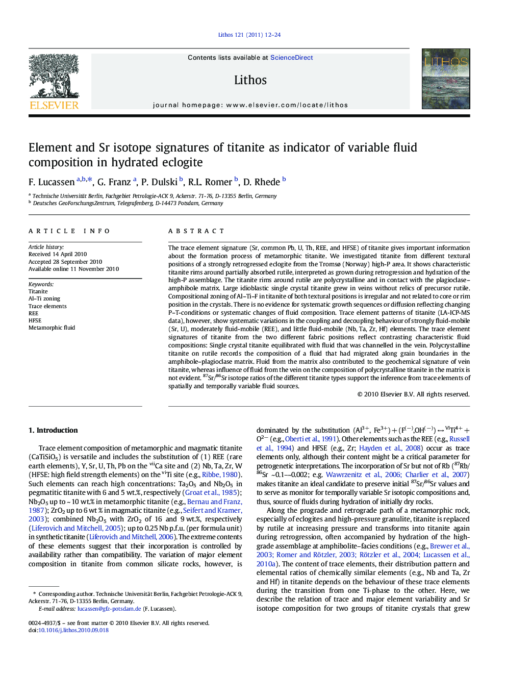 Element and Sr isotope signatures of titanite as indicator of variable fluid composition in hydrated eclogite