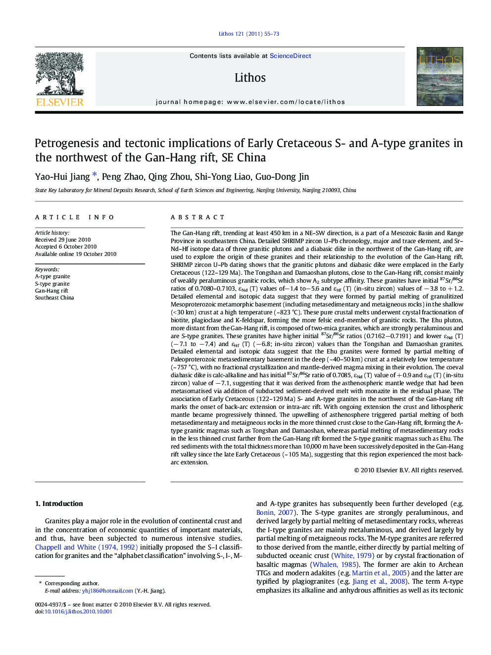 Petrogenesis and tectonic implications of Early Cretaceous S- and A-type granites in the northwest of the Gan-Hang rift, SE China