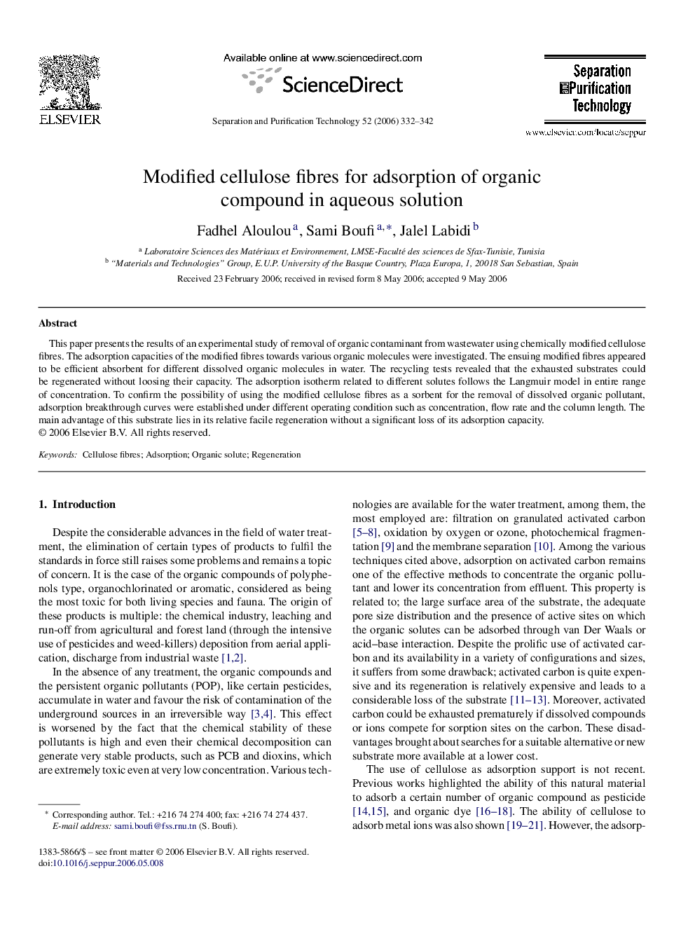 Modified cellulose fibres for adsorption of organic compound in aqueous solution