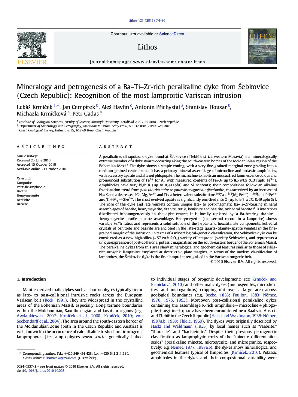 Mineralogy and petrogenesis of a Ba-Ti-Zr-rich peralkaline dyke from Å ebkovice (Czech Republic): Recognition of the most lamproitic Variscan intrusion