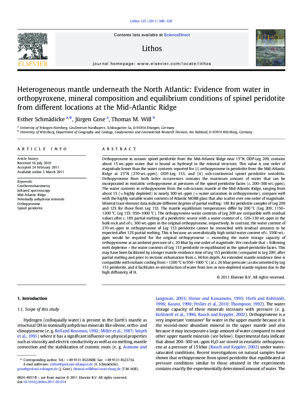 عکس صفحه اول مقاله: Heterogeneous mantle underneath the North Atlantic: Evidence from water in orthopyroxene, mineral composition and equilibrium conditions of spinel peridotite from different locations at the Mid-Atlantic Ridge Heterogeneous mantle underneath the North Atlantic: Evidence from water in orthopyroxene, mineral composition and equilibrium conditions of spinel peridotite from different locations at the Mid-Atlantic Ridge
