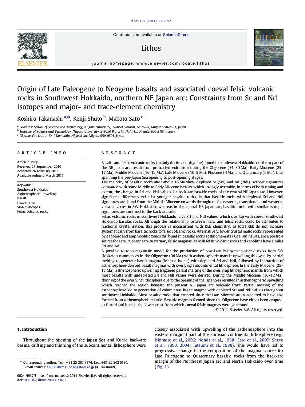 Origin of Late Paleogene to Neogene basalts and associated coeval felsic volcanic rocks in Southwest Hokkaido, northern NE Japan arc: Constraints from Sr and Nd isotopes and major- and trace-element chemistry