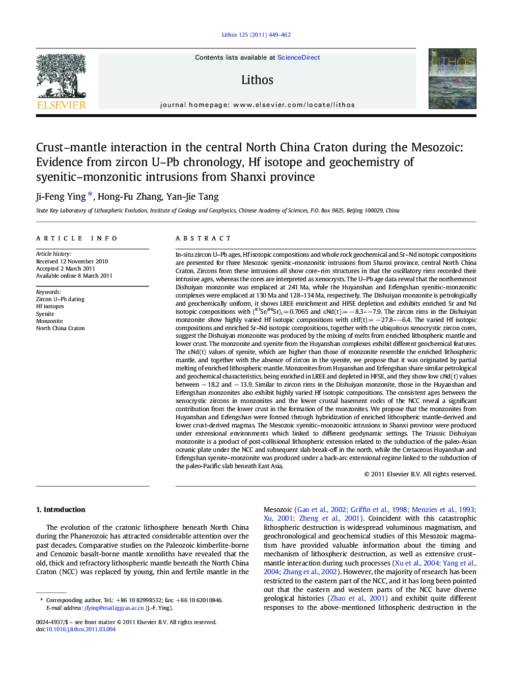 Crust-mantle interaction in the central North China Craton during the Mesozoic: Evidence from zircon U-Pb chronology, Hf isotope and geochemistry of syenitic-monzonitic intrusions from Shanxi province