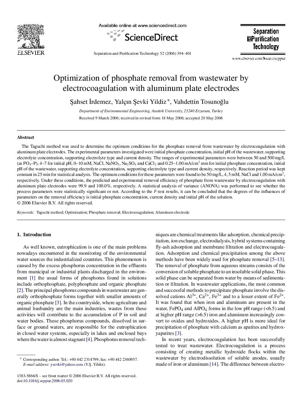 Optimization of phosphate removal from wastewater by electrocoagulation with aluminum plate electrodes