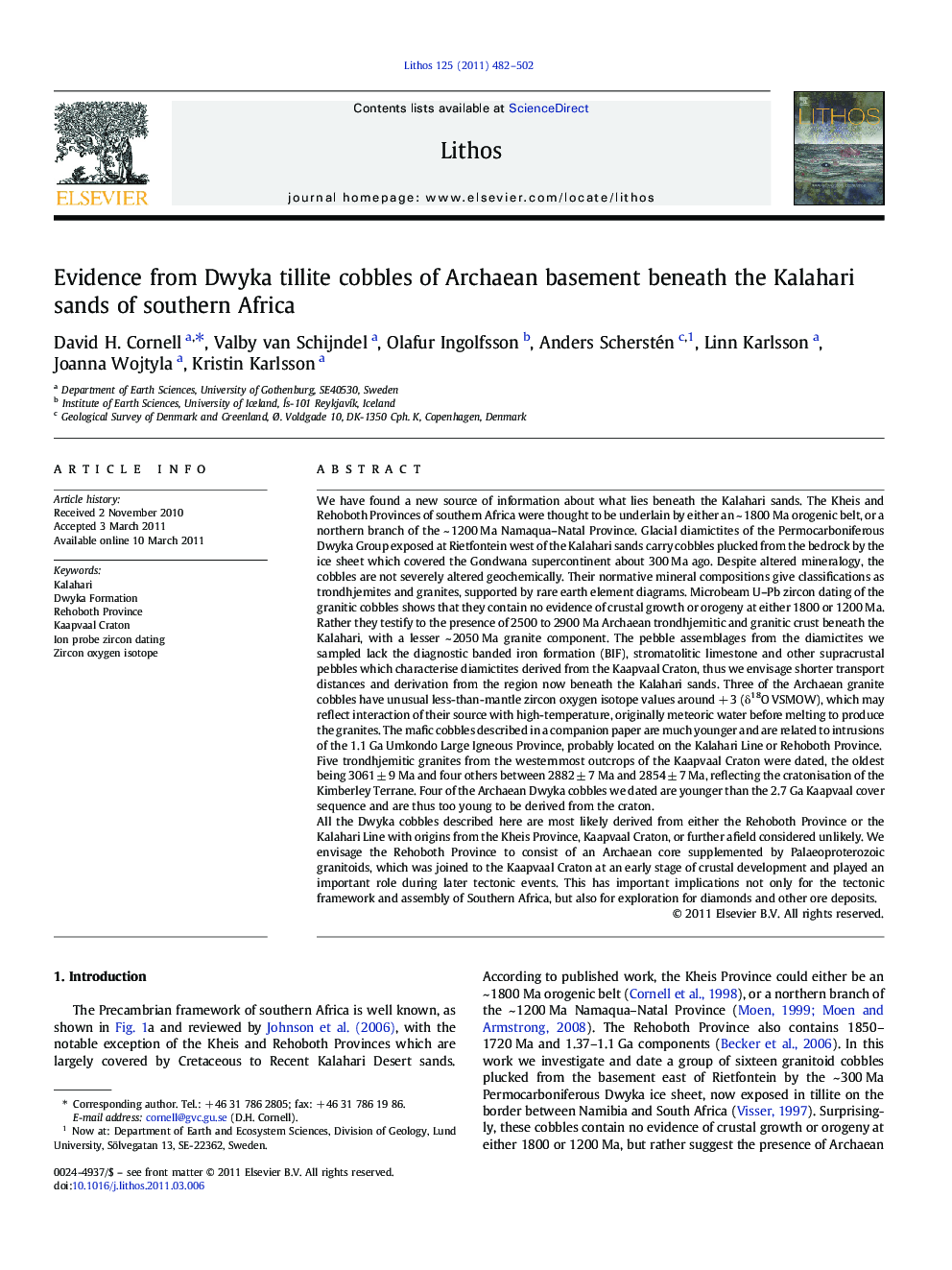 Evidence from Dwyka tillite cobbles of Archaean basement beneath the Kalahari sands of southern Africa