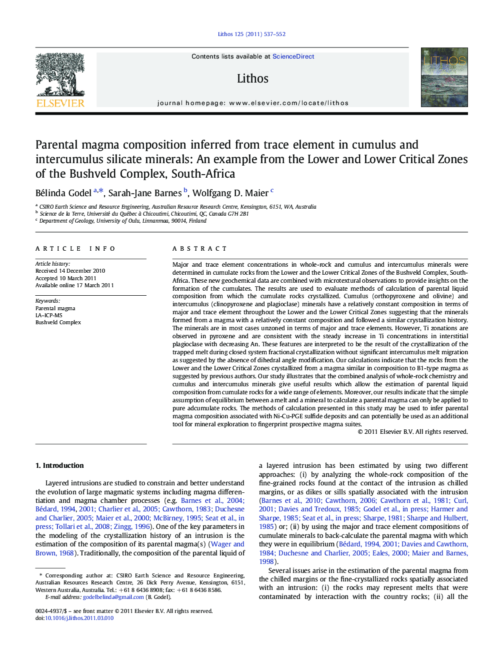 Parental magma composition inferred from trace element in cumulus and intercumulus silicate minerals: An example from the Lower and Lower Critical Zones of the Bushveld Complex, South-Africa