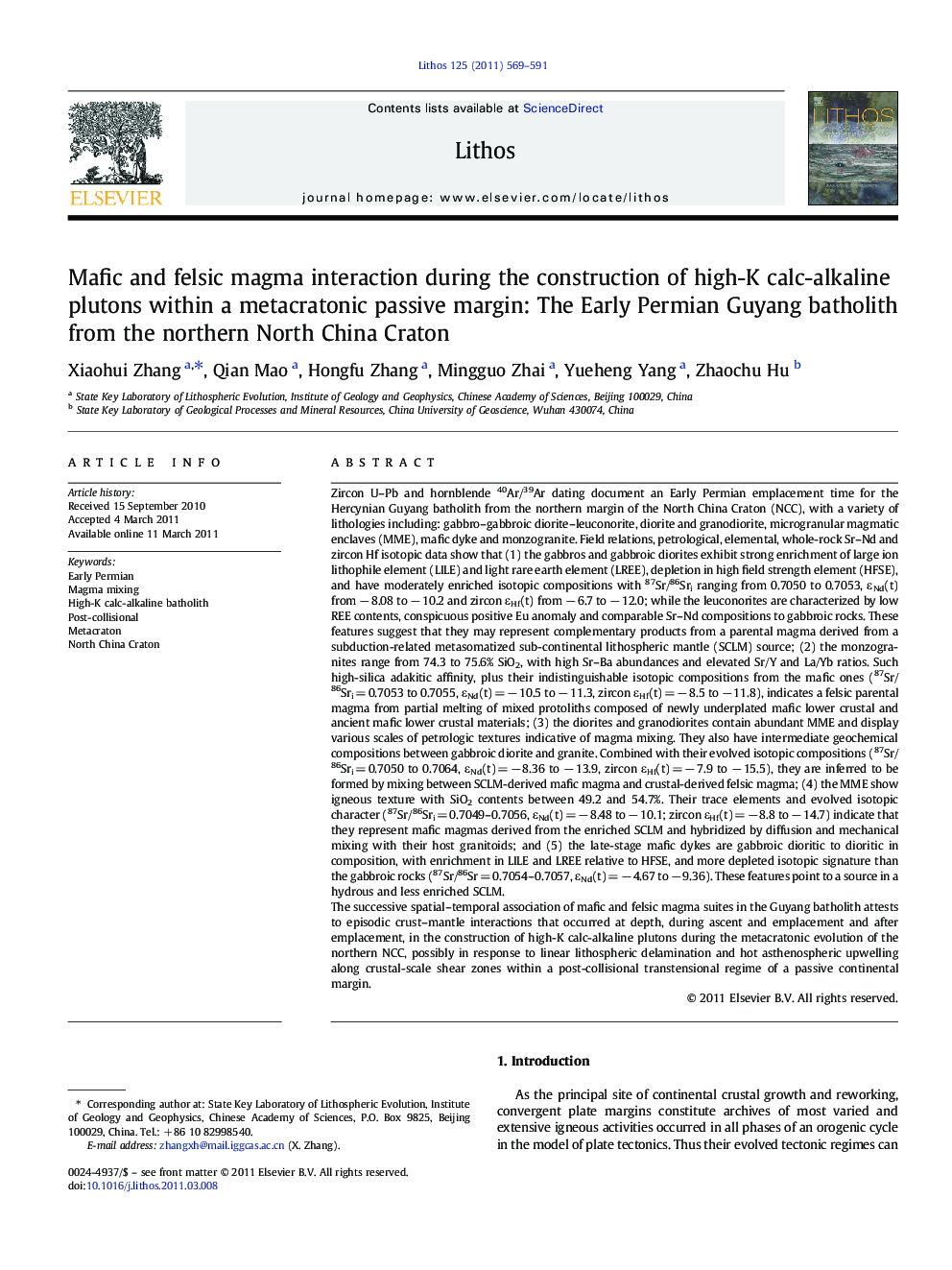 Mafic and felsic magma interaction during the construction of high-K calc-alkaline plutons within a metacratonic passive margin: The Early Permian Guyang batholith from the northern North China Craton