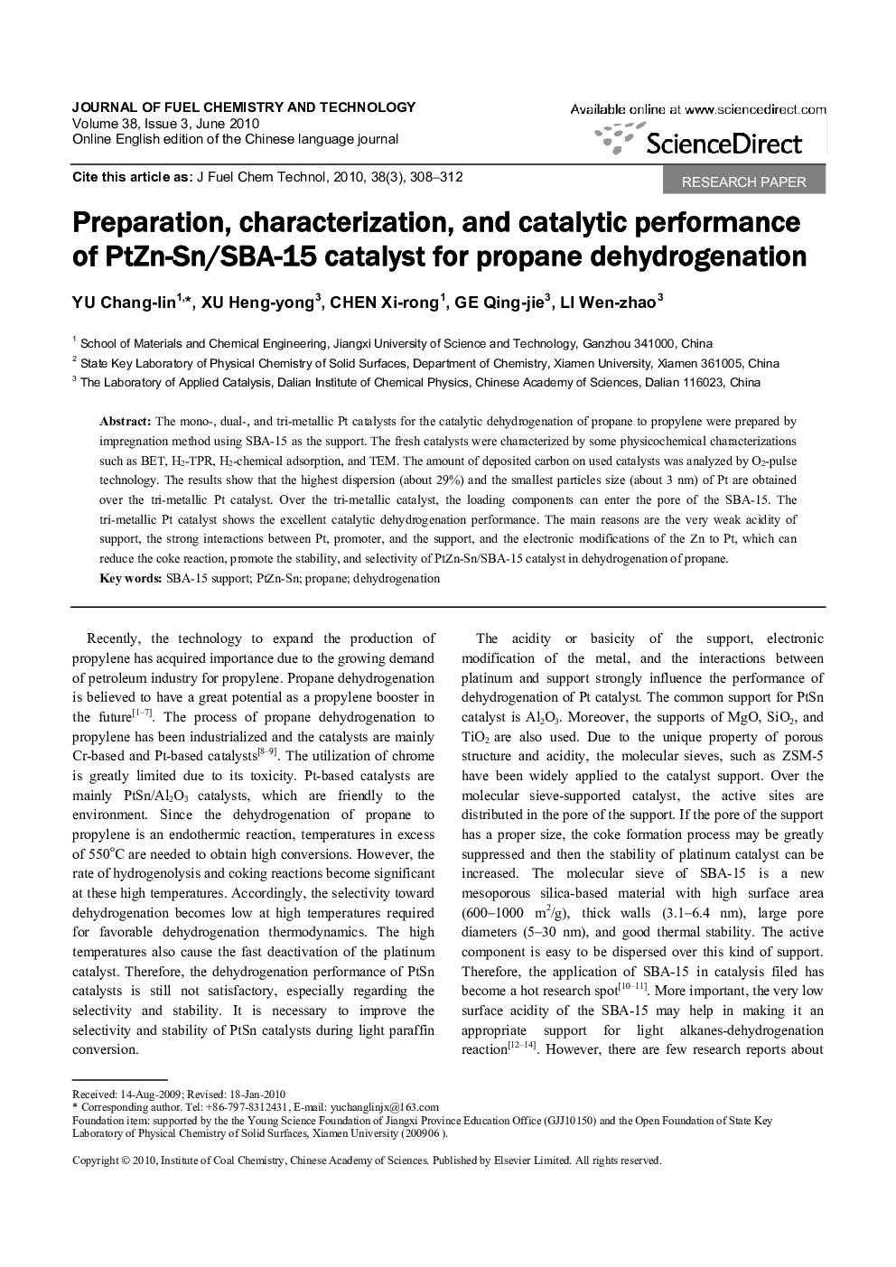 Preparation, characterization, and catalytic performance of PtZn-Sn/SBA-15 catalyst for propane dehydrogenation 