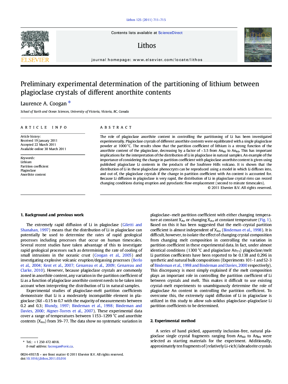 Preliminary experimental determination of the partitioning of lithium between plagioclase crystals of different anorthite contents