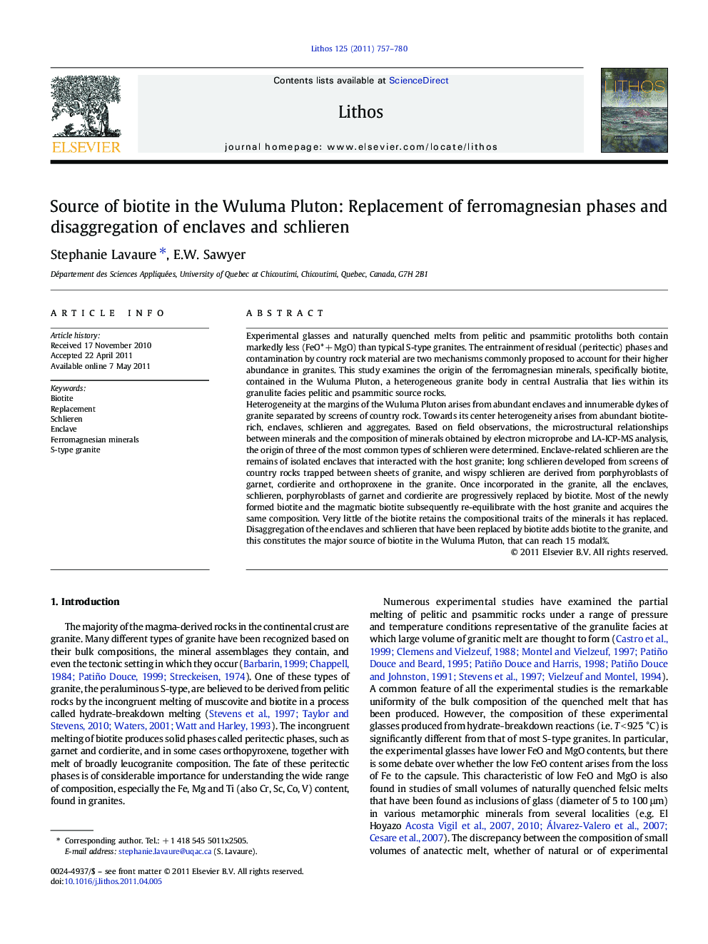 Source of biotite in the Wuluma Pluton: Replacement of ferromagnesian phases and disaggregation of enclaves and schlieren