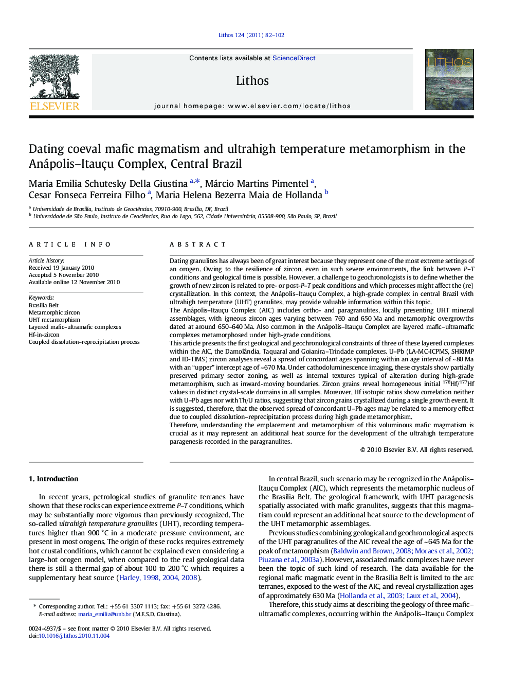 Dating coeval mafic magmatism and ultrahigh temperature metamorphism in the Anápolis-Itauçu Complex, Central Brazil